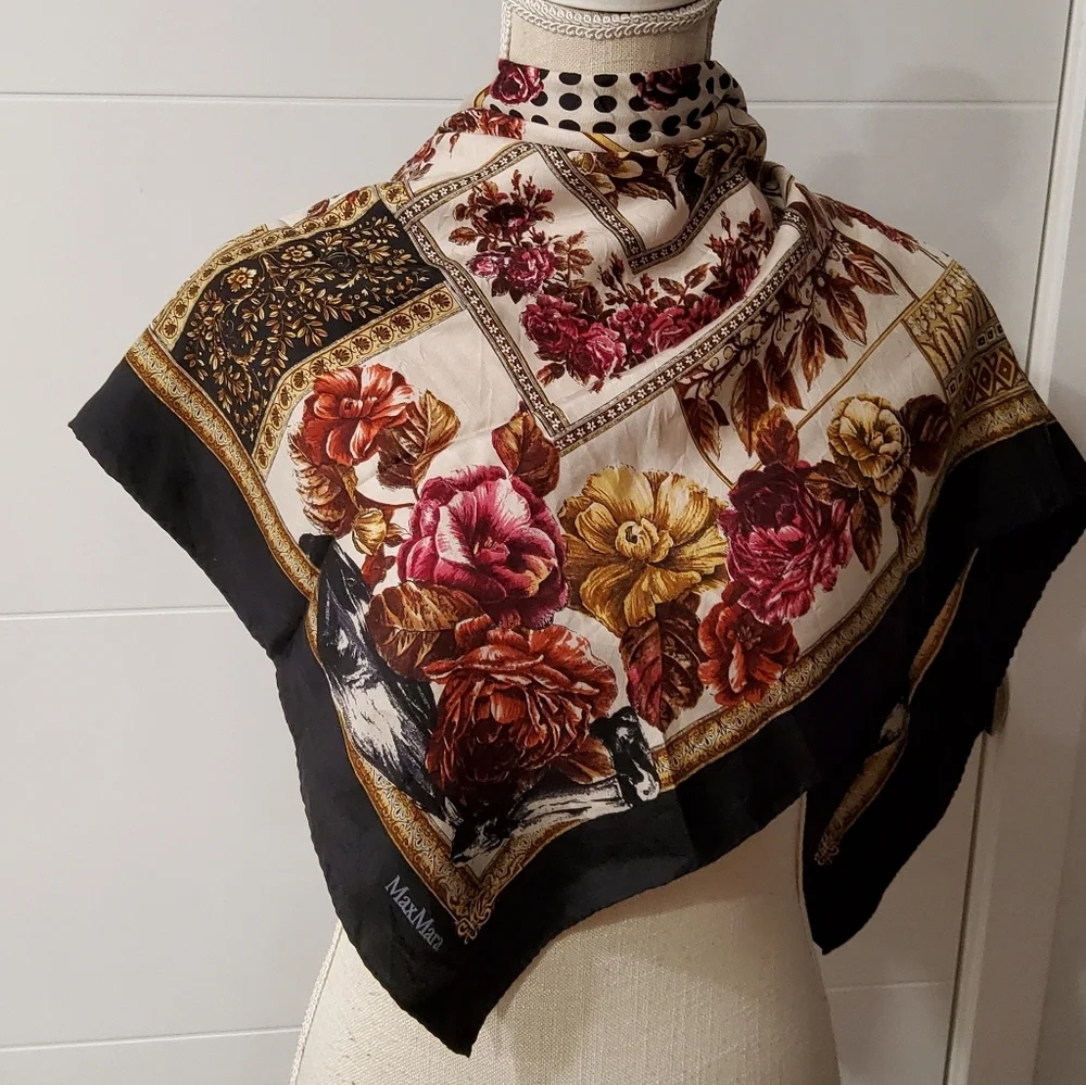 MaxMara Floral Silk Scarf in Black and Gold